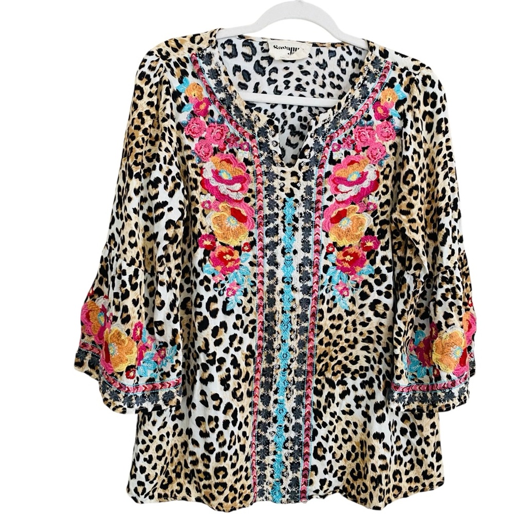 Savanna Jane Boho Colorful Floral‎ Embroidered Leopard Animal Print Blouse Small - Picture 4 of 11